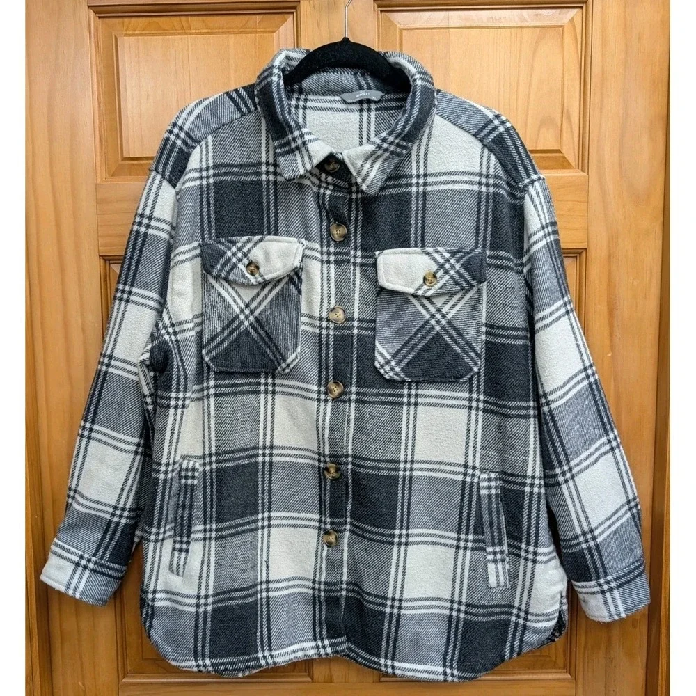 Members Mark Shacket Women's XL Chest Side Pockets Black White Plaid Button-Down